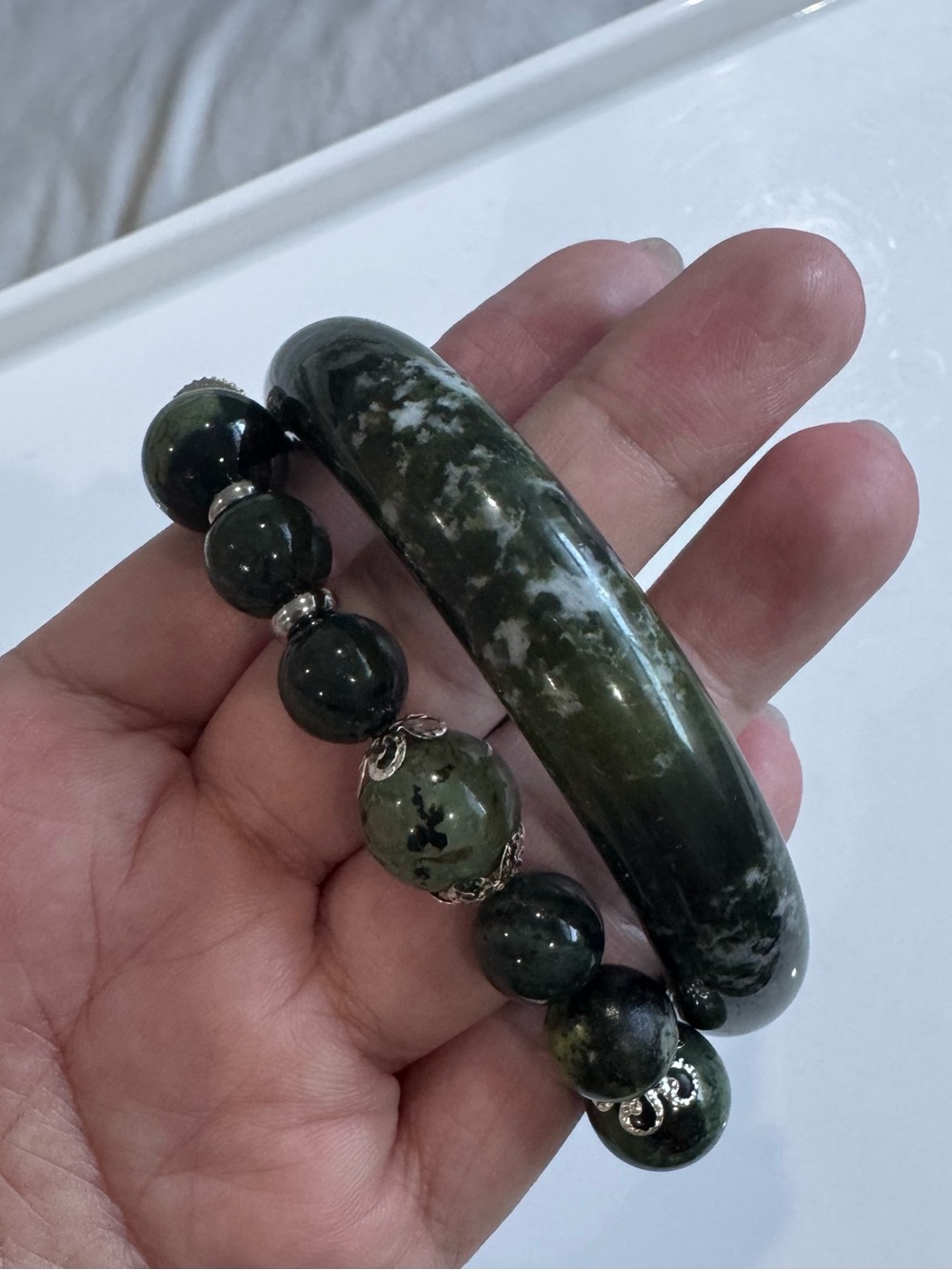 Green Jade Bangle and Beaded Bracelet Set